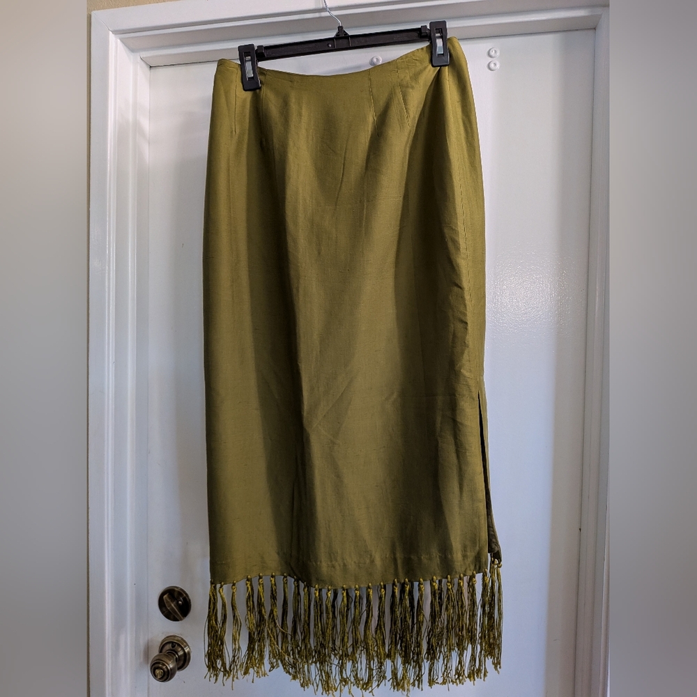 Clio Petites Silk Olive Skirt with Pink and Purple Embroidery Maxi Fringe Skirt - Picture 6 of 7